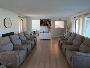 Spacious living room with recliner sofas and a television